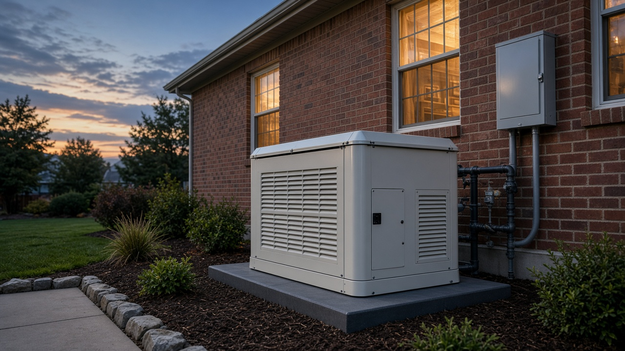 Whole-house standby generator on a pad at dusk